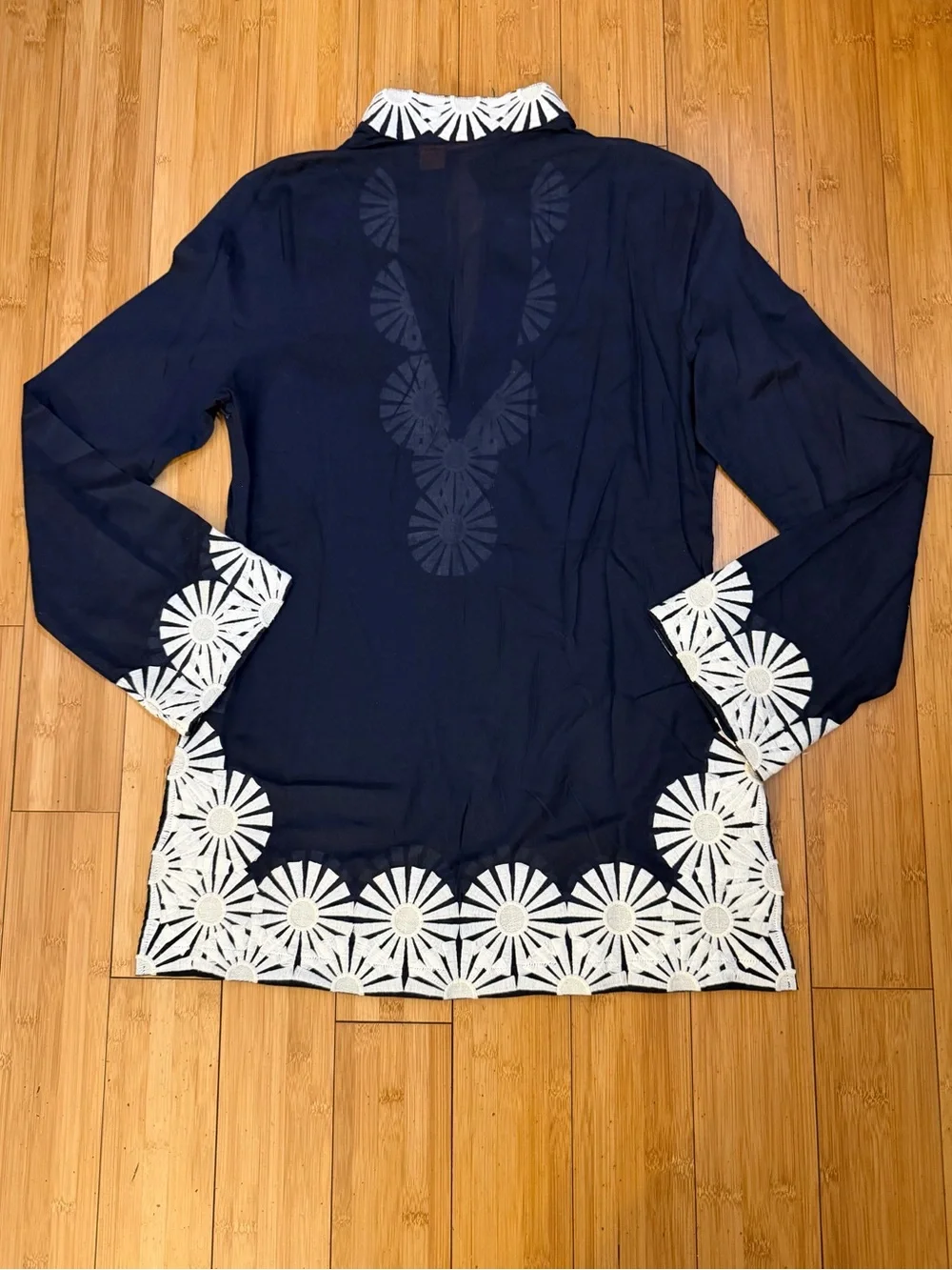 Tory Burch Navy Tunic Top Embroidered Trim Size 12